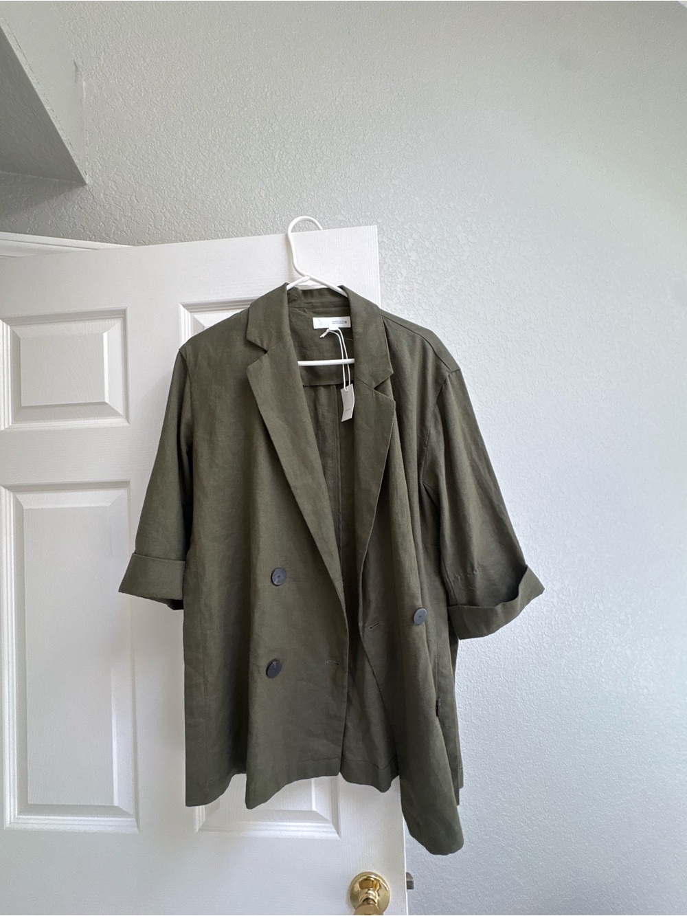 Zara Olive Green Double-Breasted Linen-Blend Blazer